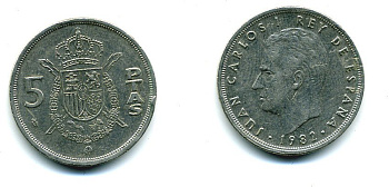 ИСПАНИЯ 5 ПЕСЕТ 1982 ХУАН КАРЛОС I KM 823 медно-никель 51-4446