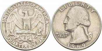 США 25 центов (квотер) 1969 Вашингтон KM 164a медь плакированная медно-никелем 3457-747