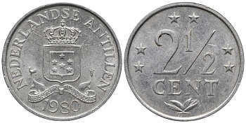 Нидерландские Антилы 2 1/2 цента 1980 Беатрикс (1980-2013) KM 9а алюминий 4579-923