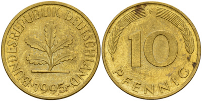 ФРГ 10 пфеннигов 1995 F J. 383, KM 108 сталь плакированная латунью    4603-716