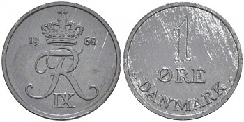 Дания 1 эре 1968 С; S, Фредерик IX (1947-1972) KM 839.2 цинк UNC 4547-1015