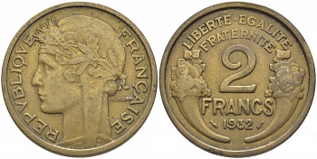 ФРАНЦИЯ 2 ФРАНКА 1932 ТИП MORLON KM 886, LE FRANC 268.3 алюминиевая бронза 114-735