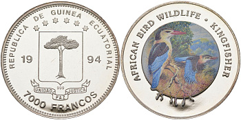 Экваториальная Гвинея 7000 франков 1994 серия защитим наш мир, обыкновенный зимородок, цветная эмаль KM 98 серебро PROOF 11-138-23