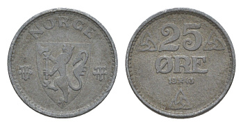 Норвегия 25 эре 1943 Хокон VII (1905-1957) KM 395 цинк 4632-1221