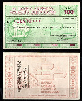 Италия чек 100 лир ND (1976-1978) бумага 2198-11-2-2