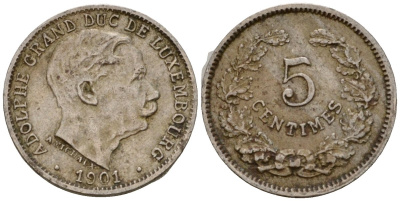 Люксембург 5 сантимов 1901 герцог Адольф (1890-1905) KM 24 медно-никель 4602-332