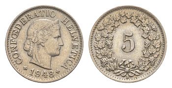 Швейцария 5 раппенов 1948 B KM 26 медно-никель 4627-842