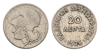 Греция 20 лепт 1926 Афина в коринфском шлеме, год-тип KM 67 медно-никель 4668-1248