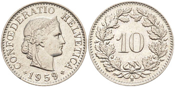 ШВЕЙЦАРИЯ 10 РАППЕНОВ 1959 В KM 27 медно-никель 55-321