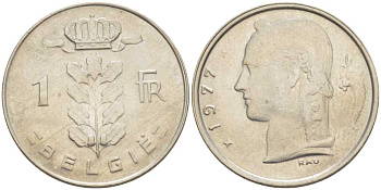 БЕЛЬГИЯ 1 ФРАНК 1977 BELGIE, БОДУЭН I (1951-1993) KM 143.1 медно-никель 213-355