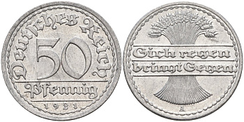 Германия 50 пфеннигов 1921 A KM 27, J.301, Weege 10 алюминий UNC 4584-812