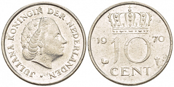 Нидерланды 10 центов 1970 Юлиана (1948-1980) KM 182 никель 4547-843