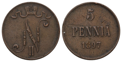 Россия для Финляндии 5 пенни 1897 Николай II (1894-1917) Биткин 442 медь 4128-327