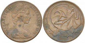 АВСТРАЛИЯ 2 ЦЕНТА 1970 ЕЛИЗАВЕТА II, МОЛОДОЙ ПОРТРЕТ, ПЛАЩЕНОСНАЯ ЯЩЕРИЦА (FRILLED LIZARD) KM 63 бронза 3457-624