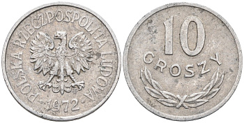 Польша 10 грошей 1972 MW, Народная Республика KM АА47, Parchimowicz 206k алюминий 4580-613
