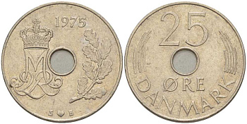 Дания 25 эре 1975 S; B, Маргрете II (1972- ) KM 861.1 медно-никель 94-613