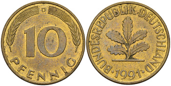 ФРГ 10 пфеннигов 1991 D KM 108, J. 383 сталь плакированная латунью 4175-827