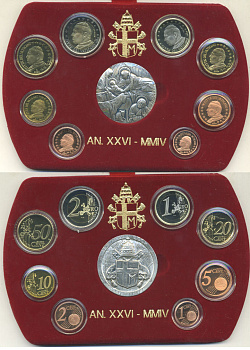 Ватикан евронабор из 8 монет + серебряная медаль 2004 Папа Иоанн Павел II, в оригинальной коробке, с сертификатом KM PS 17 биметалл PROOF 5-4-6-05