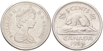 Канада 5 центов 1989 Елизавета II, бобер KM 60.2a медно-никель 4611-547