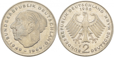 ФРГ 2 МАРКИ 1986 F, ТЕОДОР ХОЙС KM 127, J. 407 медно-никель плакированный никелем 3996-854
