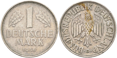 ФРГ 1 марка 1956 D KM 110, J. 385 медно-никель 4177-841