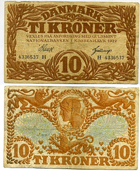 Дания 10 крон 1922 Pick 21n бумага 444-90-2