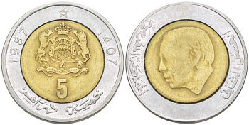 Марокко 5 дирхемов 1987 АН1407, Аль Хассан II (1962-1999) KM 82 биметалл 4526-532