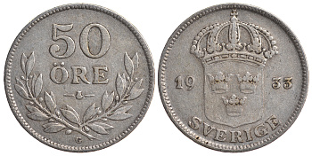 Швеция 50 эре 1933 G, Густав V (1907-1950) KM 788 серебро 4179-942