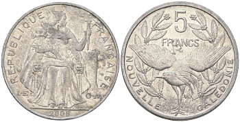 Французская Новая Каледония 5 франков 2008 птица кагу, (IEOM) KM 16, Schoen 12, Lec 81k алюминий 215-535