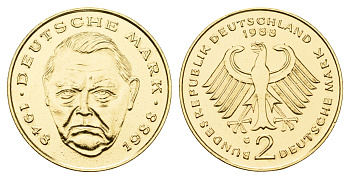 ФРГ 2 марки 1988 G, Людвиг Эрхард, 40 лет Федеративной Республике (1948-1988) KM 170 медно никель плакированный золотом 11-015-41