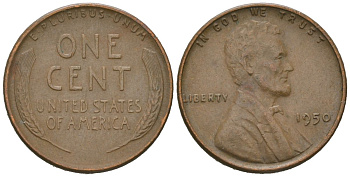 США 1 цент 1950 Авраам Линкольн KM 132 бронза 214-622