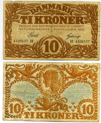 Дания 10 крон 1922 Pick 21n бумага 444-90-2