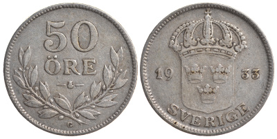 Швеция 50 эре 1933 G, Густав V (1907-1950) KM 788 серебро 4179-942