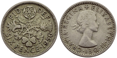 Великобритания 6 пенсов 1956 Елизавета II (1952-2022) KM 903, Spink 4149 медно-никель 75-148