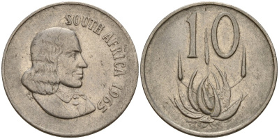 ЮАР 10 центов 1965 SOUTH-AFRICA, Ян Ван Рибек (1619-1677), нидерландский исследователь, мореплаватель, основатель Кейптауна, райский журавль, английская легенда KM 68.1 никель 4156-933