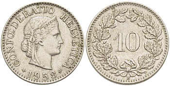 Швейцария 10 раппенов 1958 B KM 27 медно-никель     217-1136
