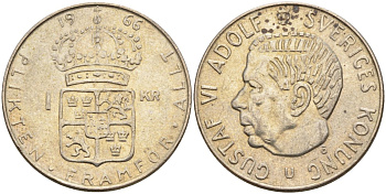 Швеция 1 крона 1966 U, Густав VI Адольф (1950-1973) KM 826 серебро 4150-217