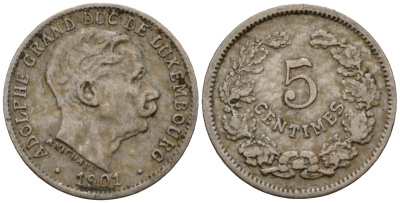 Люксембург 5 сантимов 1901 герцог Адольф (1890-1905) KM 24 медно-никель 4602-333