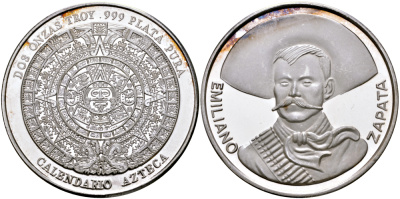 Мексика 2 унции ND АЦТЕКСКИЙ КАЛЕНДАРЬ, ЭМИЛИО ЦАПАТА (EMILIANO ZAPATA), диаметр 48 ММ., ВЕС 2 ТРОЙСКИЕ УНЦИИ серебро PROOF 00-00