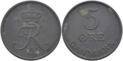 ДАНИЯ 5 ЭРЕ 1958 C; S, ФРЕДЕРИК IX (1947-1972) KM 843.2 цинк 97-1145