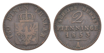 Пруссия 2 пфеннига 1853 A, Фридрих Вильгельм IV (1840-1861) KM 452, Jaeger 51, Olding 336, AKS 91 медь 4651-269