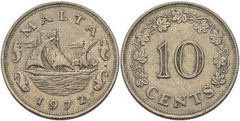 Мальта 10 центов 1972 баржа Великого магистра KM 11 медно-никель 82-511