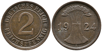 ГЕРМАНИЯ 2 РЕЙХСПФЕННИГА 1924 A KM 38, J. 314 бронза 24-733