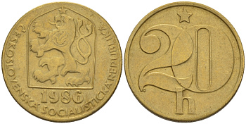 ЧЕХОСЛОВАКИЯ 20 ГЕЛЛЕРОВ 1986 СОЦИАЛИСТИЧЕСКАЯ РЕСПУБЛИКА KM 74 латунь 4390-211