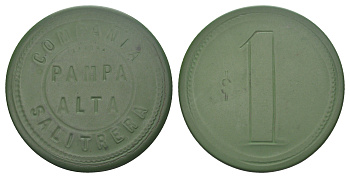 Чили, Пампа Альта (Pampa Alta), Антофагаста шахтерский жетон с Селитряного рудника для покупки в местных магазинах, номиналом в 1 песо около 1905 диаметр 45 мм, вес 6,05 гр Espinosa 216.3 эбонит (зеленый) 01-239-54