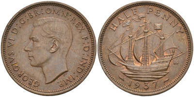 Великобритания 1/2 пенни 1937 Георг VI (1936-1952) KM 844, Spink 4115 бронза 4126-745