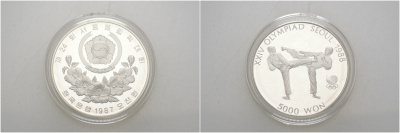 Южная Корея 5000 вон 1987 XXIV Летние Олимпийские игры в Сеуле 1988 года, тхэквондо KM 66 серебро PROOF 00-000-00