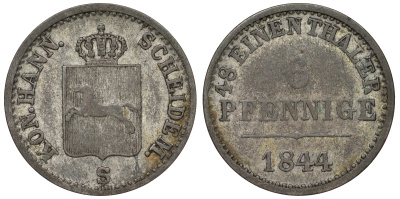 Ганновер 6 пфеннигов 1844 B KM 198.2, Jaeger 57, AKS 119 серебро 71-342