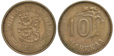 ФИНЛЯНДИЯ 10 МАРОК 1955 H KM 38 алюминиевая бронза XF 3334-1014