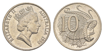 Австралия 10 центов 1998 Елизавета II (1952-2022), птица лирахвост KM 81 медно-никель 4384-221